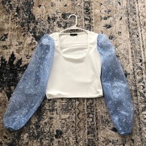 White top with sheer blue balloon sleeves